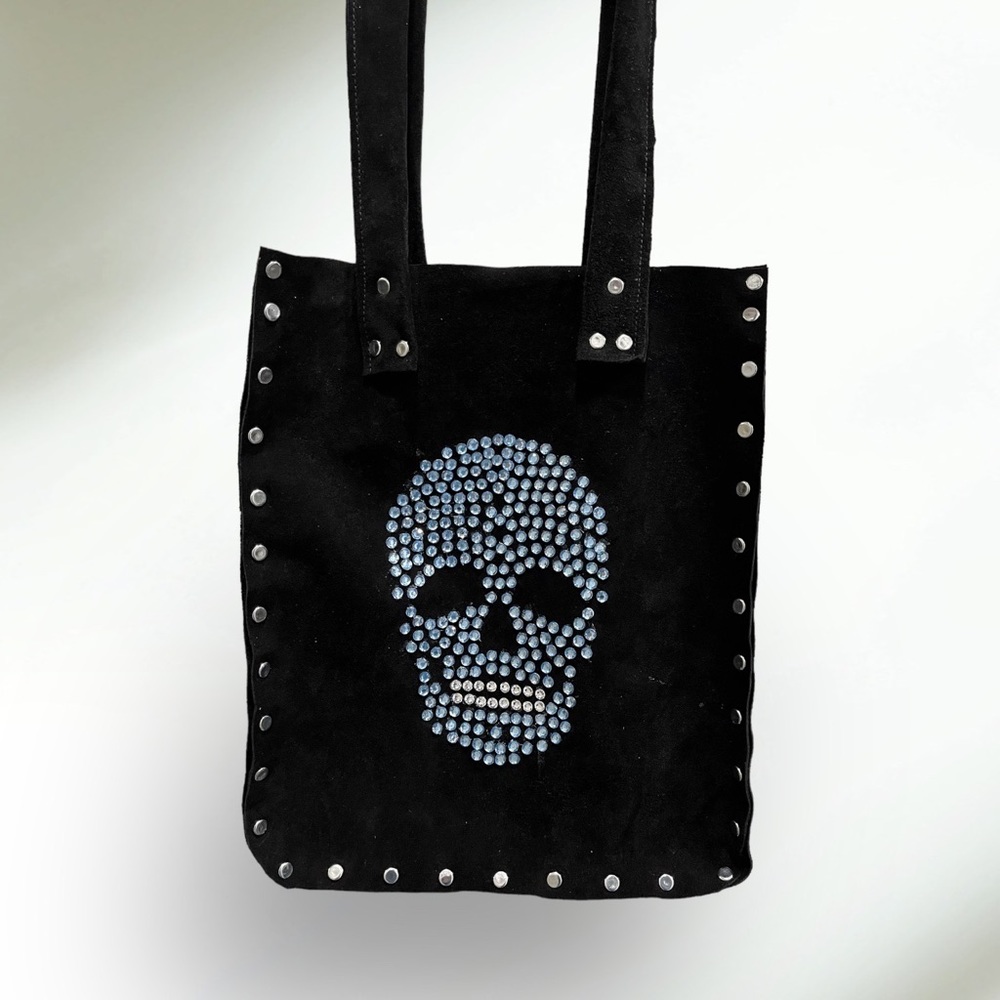Handcrafted Black Suede Tote with Blue and White Rhinestone Skull